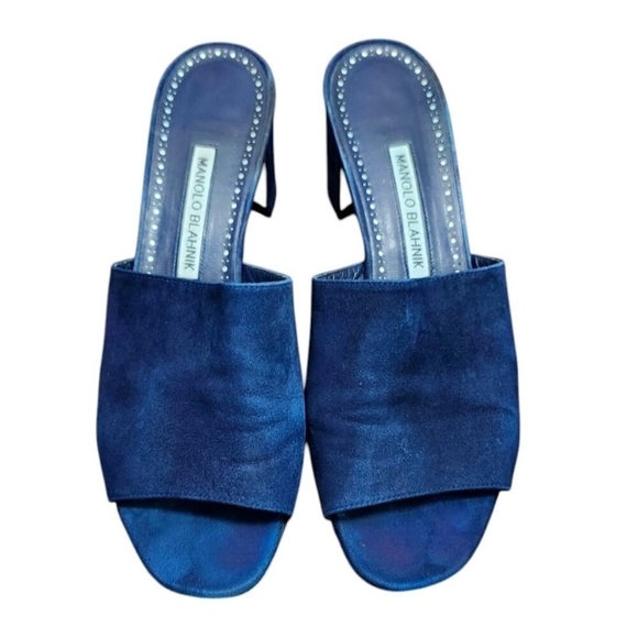 Manolo Blahnik Navy Blue Rapallato Soft Suede Banded Block Heel Sandals … - Picture 3 of 12